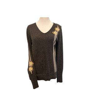 CASHMERE V NECKED SWEATER/ITALIAN/NO TAGS/SKI THEME/GRAY/WHITE/GOLD ACCENTS MED